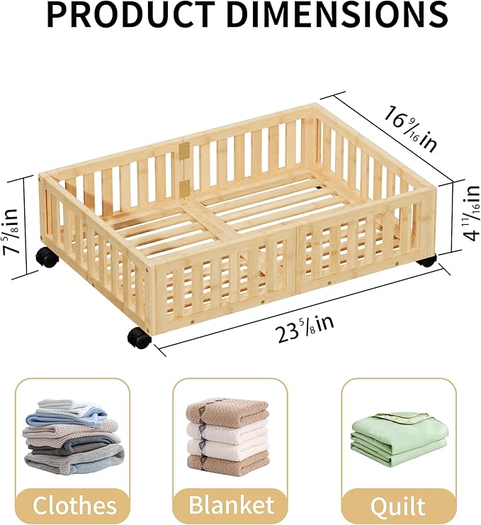 Bamboo Under Bed Storage with Wheels (2-Pack) – Rolling Underbed Shoe Organizer Box for Shoes, Blankets, Toys, Clothes Container Space-Saving Organizer Bins for Bedroom, Closet, Dorm, Nursery-Ruum Studio Home