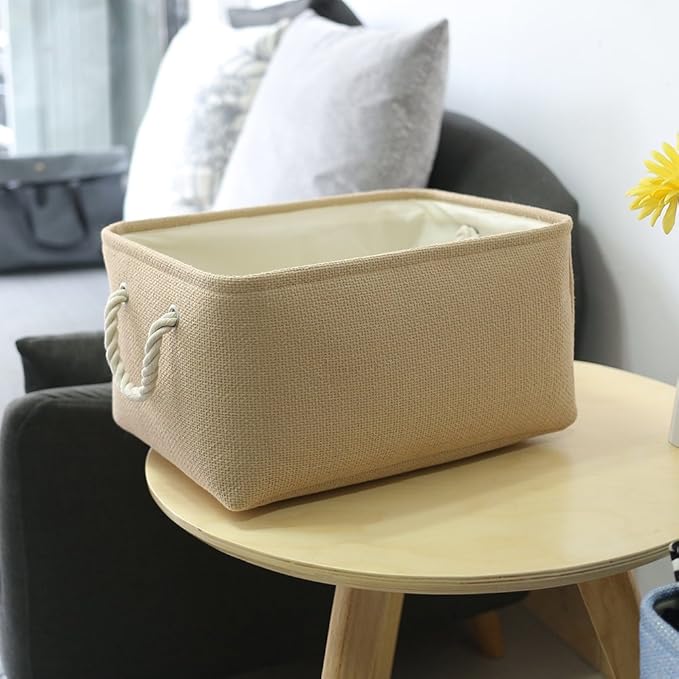 TheWarmHome Decorative Basket Rectangular Small Storage Basket Fabric Storage Bin Organizer Basket with Handles for Clothes Storage (Beige, 11.8L×7.9W×5.2H inch)-Ruum Studio Home