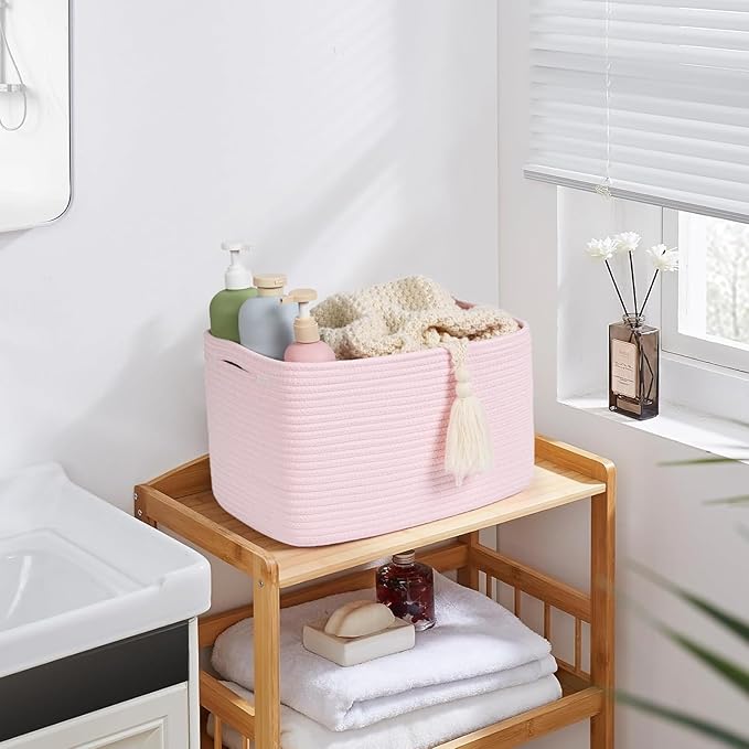 3-Pack Shelf Baskets for Organizing, Woven Storage Basket for Shelves, Cotton Rope Storage Bins for Toys Books, Nursery Towel Baskets for Classroom, 14.96"X9.8"X8.85", Pink-Ruum Studio Home