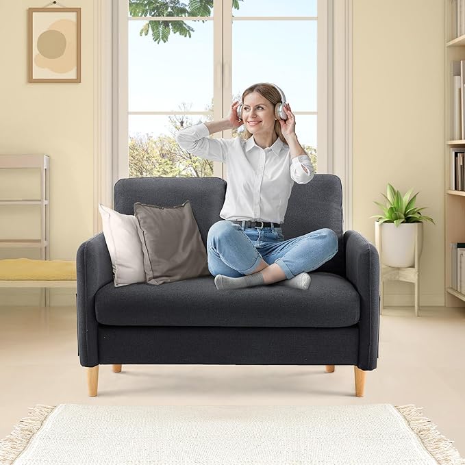 VINGLI 47" Small Couch, Linen Loveseat Sofa Black Mini Couch Mid Century Modern Decor Love Seat for Small Spaces Living Room, Bedroom, Play Room-Ruum Studio Home