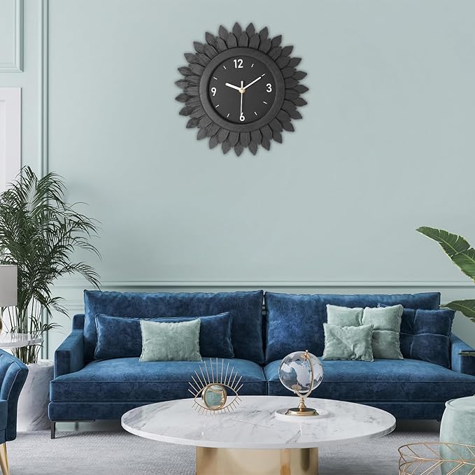 Honiway Wall Clock Battery Operated 12 Inch Rustic Wooden Boho Sunburst Decorative Wall Clock Silent Non-Ticking Black Wall Decor Clocks for Living Room Kitchen Bathroom Bedroom (Black)-Ruum Studio Home