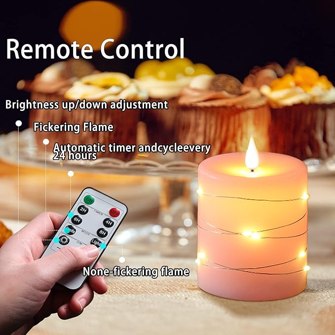 Pink Flameless Candles with String Lights Battery Operated Flickering LED Pillar Candles 4‘’ 5‘’ 6‘’ Candle with Remote Control, Set of 3-Ruum Studio Home