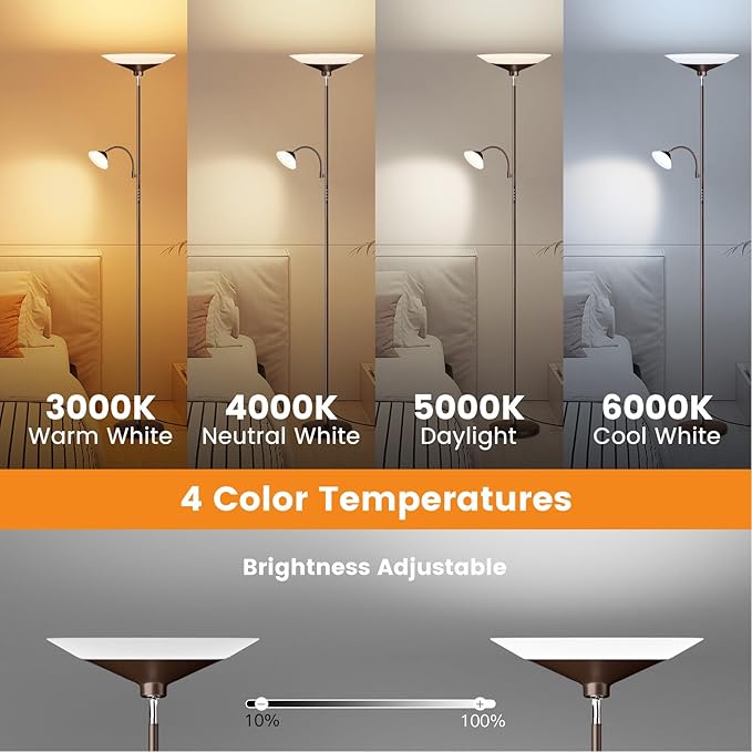 Brown Torchiere LED Floor Lamp - 72" Rotating Standing Lamp with Remote, 34W Dimmable Floor Light with Color Changing, Tall Bright Corner Lamp for Reading Living Room Bedroom Office-Ruum Studio Home