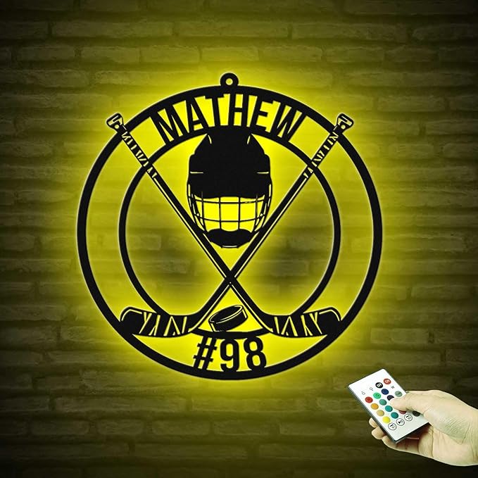Custom Hockey Stick LED Sign – Personalized Name Signs, Neon Wall Light with Puck Metal Sign, Hockey Room Decor for Boys, Players, Man Cave, Fans, Coaches-Ruum Studio Home