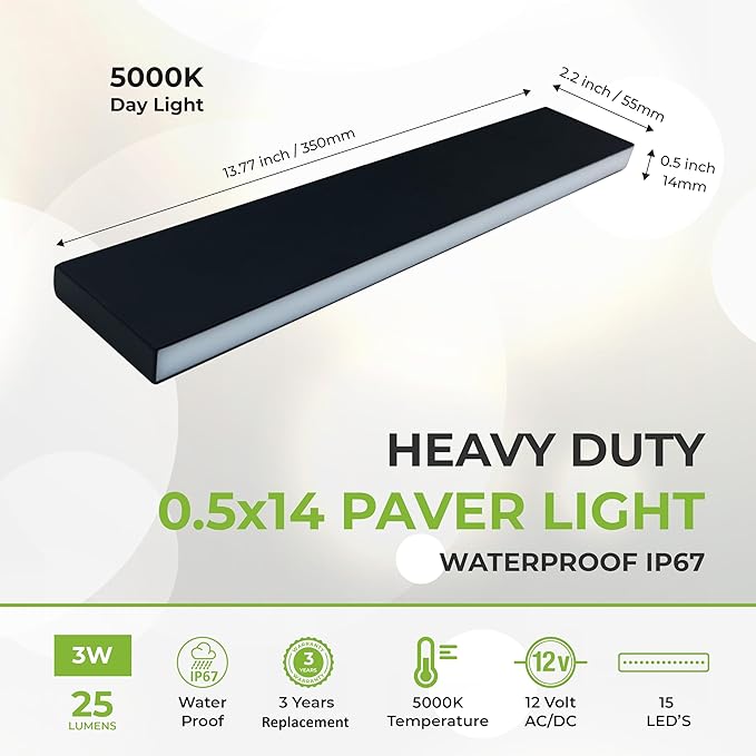 LUMENGY Paver Light Slim 0.5x14 Inch Glare-Free Steel Brick Lighting for Pavers, Walls, Driveway & Pathway Borders 5000K Warm White, Waterproof, Drive-Over Rated - 12V AC/DC-Ruum Studio Home