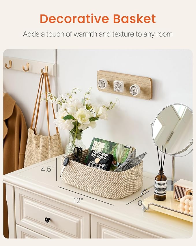 Small Woven Basket, 12 x 8 x 4.5 Inches, Storage Basket for Organizing, Cute Small Rope Shelf Closet Cube Storage Bins Baskets for Shelves, Dog Toy Gift Baskets Empty, 3 Pack Brown-Ruum Studio Home