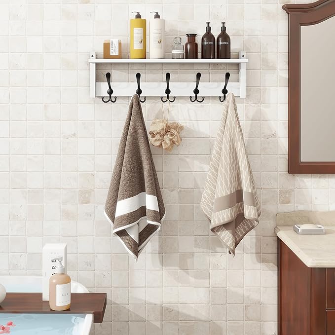 Homode Wall Shelf with Hooks, 24 Inch Coat Rack with Tri Hooks, Farmhouse Entryway Floating Coat Hanger with Storage for Bathroom, Entry Way, Mudroom, White-Ruum Studio Home