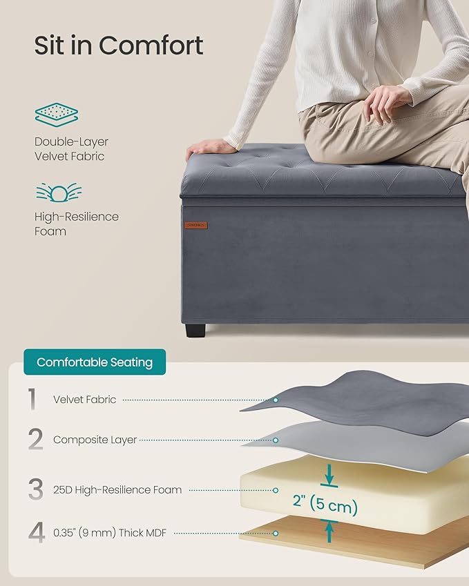 SONGMICS Velvet Storage Ottoman Bench, Foot Rest with Legs, 15.7 x 43 x 15.7 Inches, End of Bed Bench, Storage Chest, Load up to 660 lb, for Living Room, Bedroom, Entryway, Slate Gray ULSF089G01-Ruum Studio Home