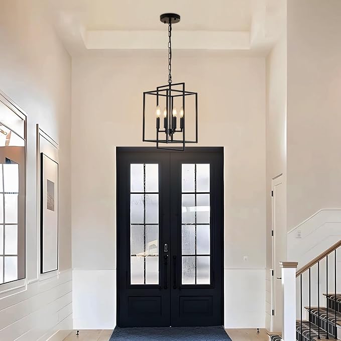4-Light Vintage Black Chandelier, Foyer Lighting Fixtures Farmhouse Chandeliers for Dining Room, Modern Industrial Lantern Pendant Light for Kitchen Island Entryway Stairway-Ruum Studio Home