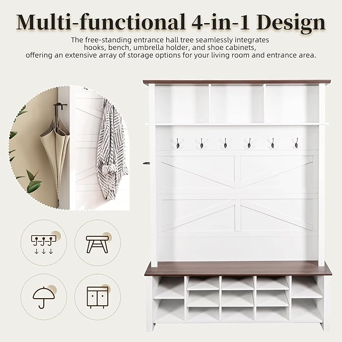 Ball & Cast 4-in-1 Hall Tree with 6 Hooks,Walnut Entryway Bench with Adjustable Shelves,Rustic Shoe Organizer with 16 Open Compartments,for Mudroom,Living Room,Hallway,White-Ruum Studio Home