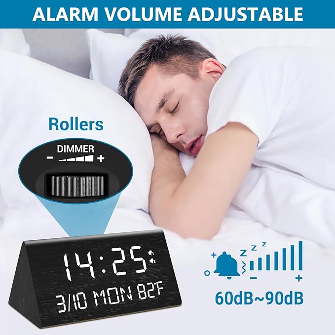 Kogonee Wooden Digital Alarm Clock, 0-100% Dimmer, 2 Alarm Settings, Weekday/Everyday Mode, 9 Mins Snooze, 12/24H, Temperature and Date Display for Office, Travel, Bedroom Alarm Clock (Black)-Ruum Studio Home