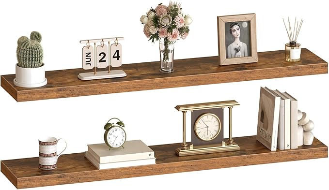 HOOBRO Floating Shelves for Wall, Wall Mounted Shelf Set of 2, 55" Hanging Shelf with Invisible Brackets, for Wall in Bathroom, Bedroom, Toilet, Kitchen, Living Room, Office, Rustic Brown BF140BJP201-Ruum Studio Home