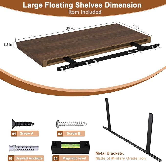 12 Inch Deep Floating Shelves for Wall 1 Pack Floating Shelves Large Storage Space Wall Mount Shelf for Living Room Kitchen Bathroom 36" W x 12" D x 1.2" H Walnut-Ruum Studio Home