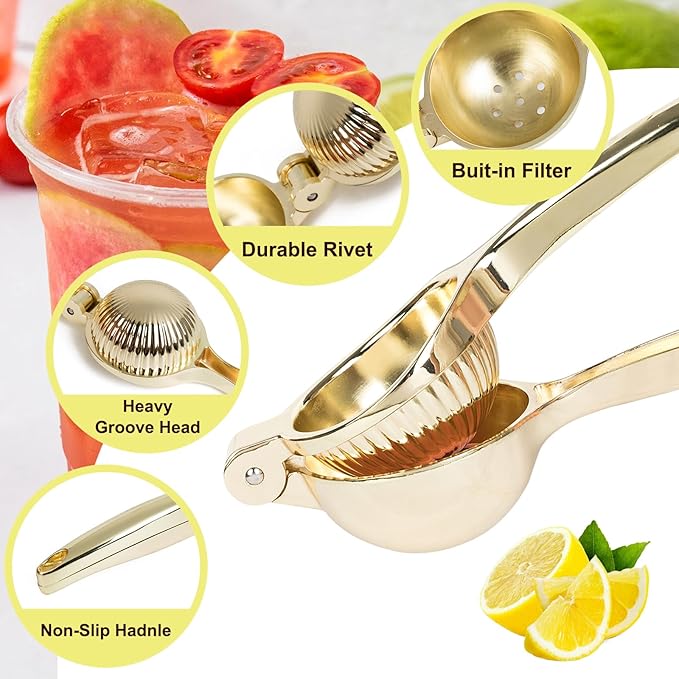 Lemon Squeezer, Heavy Duty Zinc Alloy Manual Lemon Juicer, High Yield Threaded Groove Small Oranges Limes Citrus Juicer Hand Press, Juice Maker for Cocktails Home Restaurant Kitchen Utensils(Gold)-Ruum Studio Home