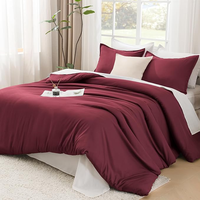 Litanika Burgundy Red Comforter Set King Size, 3 Pieces Lightweight Solid Bedding Comforter Set, All Season Fluffy Bed Set (104x90In Comforter & 2 Pillowcases)-Ruum Studio Home