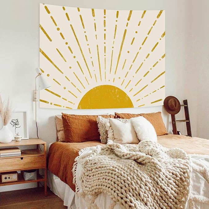 Kanuyee Gold Boho Burning Sun Tapestry Wall Hanging, Retro 70s Abstract Vintage Geometric Line Sunrise Tapestries for Bedroom Living Room Backdrop 36×48 inch-Ruum Studio Home