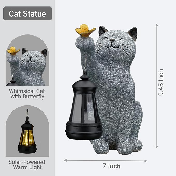 Solar Cat Garden Statue Outdoor Decor, Cat Sculpture with Lantern and Butterfly for Yard Lawn Patio Balcony, Birthday Housewarming Gifts for Mom, Grandma, Women, 9.4 inch, Resin-Ruum Studio Home