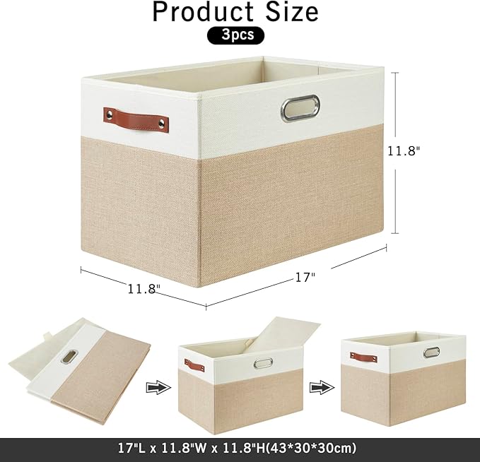Large Collapsible Fabric Storage Bins with 3 Handles, Foldable Organizer Baskets for Closet, Shelves, Living Room | 3 Pack, Durable PU & Metal Handles (17"x11.8"x11.8", Beige & White)-Ruum Studio Home