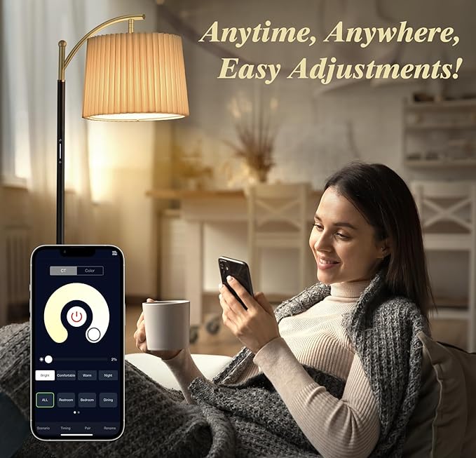 Floor Lamp, LED Floor Lamp with APP & Remote & Touch Control, Stepless Color Temperatures and Brightness, Tall Standing Lamp with Pleated Lampshade for Living Room, Bedroom, Office(Black Gold)-Ruum Studio Home