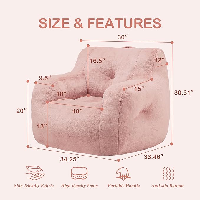 Hobestluk Bean Bag Chair for Adult Small Bean Bag Chairs with Arms Furry Beanbag Chair with Foam Filler Stuffed Bean Bag Sofa for Reading in Bedroom Living Room and Dorms(Pink)-Ruum Studio Home
