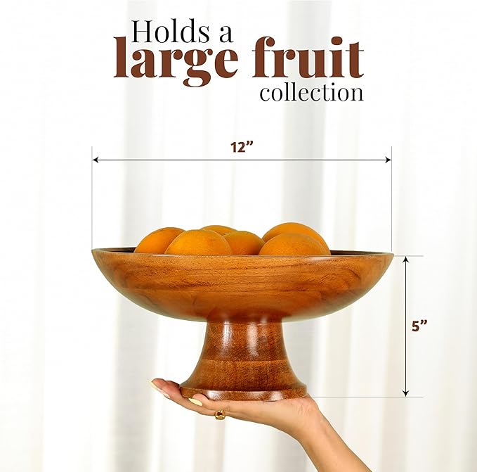 Folkulture Wooden Fruit Bowl for Kitchen Counter | 12" Large Premium Eco Friendly Banana Fruit Basket for Kitchen | Acacia Wood Bowl with Holder, Pedestal for Table Decor, Centerpiece for Dining Table-Ruum Studio Home