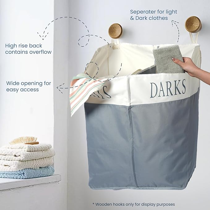 The Fine Living Co. X-Large Two Compartments Hanging Laundry Hamper with Over Door Hooks, Durable Space Saving Laundry Bag Storage with Bottom Zipper, Wide Open Top Dark/Light Compartment(25"x10"x31")-Ruum Studio Home