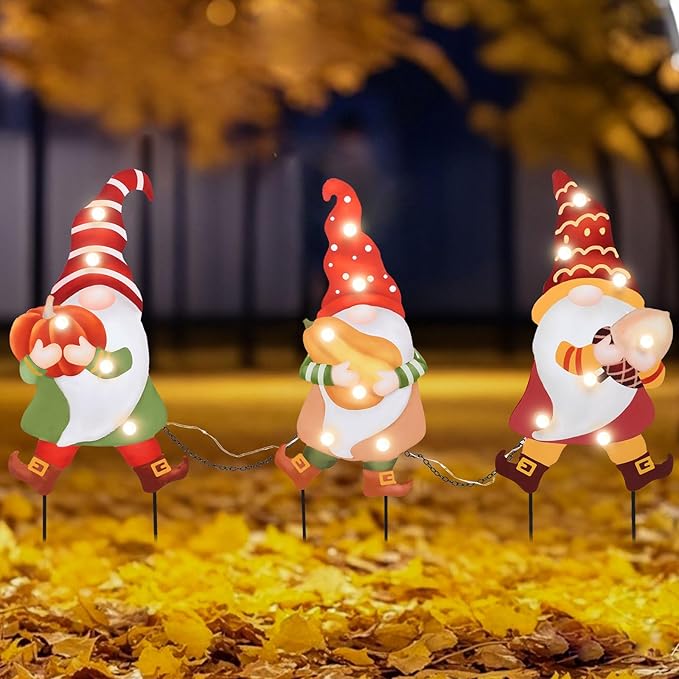 WONDER GARDEN 3 PCS Fall Yard Sign Metal Gnomes Decorative Garden Stakes with Led Lights Autumn Harvest Pumpkin Thanksgiving Garden Lawn Porch Patio Decorations Outdoor-Ruum Studio Home