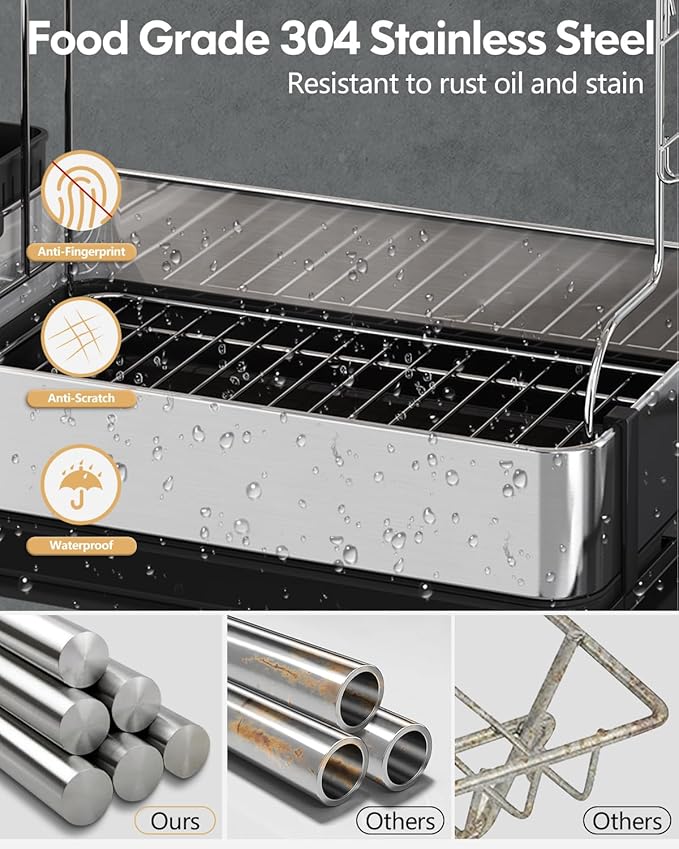 BOOSINY Dish Drying Rack with Drainboard, Stainless Steel Dish Rack, 2 Tier Extra Large Dish Drainer with Cup Holder and Utensil Holder for Kitchen Counter-Ruum Studio Home