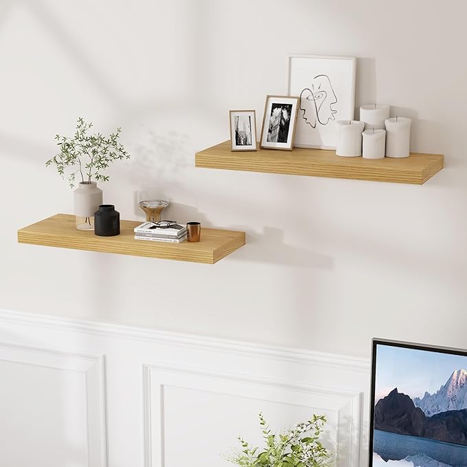 24 x 9 Floating Shelves, 9 Inch Deep Floating Shelf Wall Mounted, 24 Inch Bathroom Shelves Set of 2, Rustic Wood Wall Shelf for Bedroom, Living Room, Oak Color-Ruum Studio Home