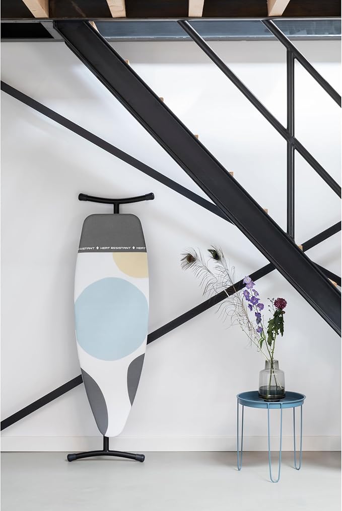 Brabantia Size D Ironing Board (53x18 in) Heat Resistant Parking Zone, Silver Frame, Non-Slip Feet, Suitable for Sit Down Ironing (Spring Bubbles)-Ruum Studio Home