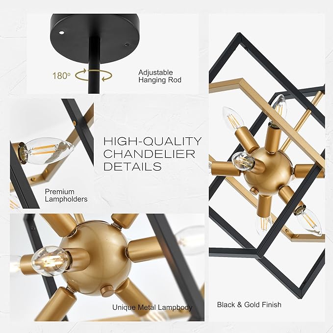 18.9'' Black Gold 8-Light Sputnik Chandelier Modern Industrial Adjustable Hanging Geometric Pendant Light Fixture for Entryway Foyer Stairway Hallway Bedroom Living Room Kitchen Island-Ruum Studio Home