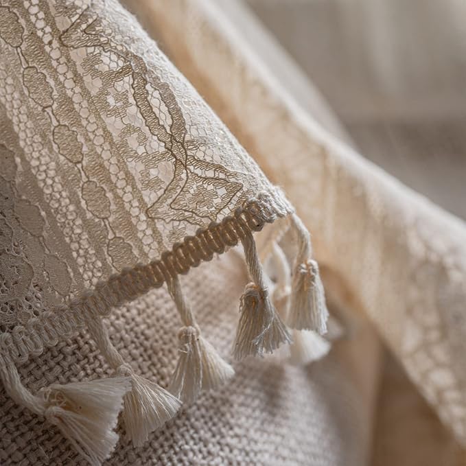Sutuo Home Boho Curtain Crochet Lace Semi-Sheer Florals Hollow Knitted Handmade Tassels, Rod Pocket Window Treatment Vintage Rustic Farmhouse Drapes for Living Bedroom, 1 Panel 59" W x 84" L, Beige-Ruum Studio Home