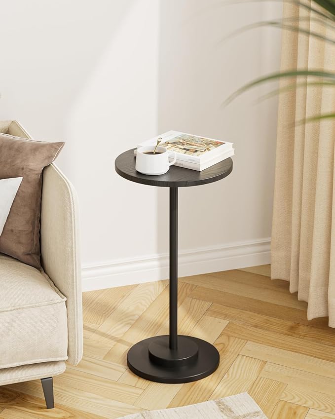 Masupu Drink Table, Round Side Table for Small Spaces, Pedestal Side Table, Small End Table with Metal Base, for Living Room, Bedroom, Bathroom, Black-Ruum Studio Home
