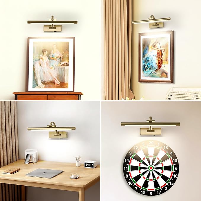 Battery Operated Picture Light with Remote and Timer, Wireless Art Lights for Paintings Brass Rechargeable Gallery Light Dimmable Artwork Lighting for Canvas, Portrait 16'' Inch Warm White-Ruum Studio Home