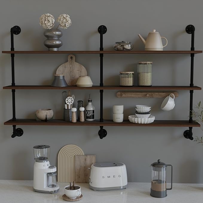 ROGMARS Industrial Pipe Wall Shelves Pipe Shelving,Natural Wood 60 Inches Long Walnut Floating Shelves for Wall Farmhouse Pipe Book Shelves for Kitchen,Living Room, Bar Shelving-Ruum Studio Home