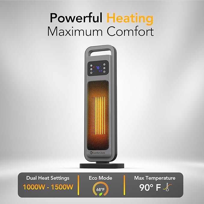 Comfort Zone Oscillating Digital Tower Heater with Remote Control for Indoor Use, Adjustable Thermostat, Timer, Overheat Protection, Tip-Over Switch, Ideal for Home, Bedroom, & Office, HT1206-GRY-Ruum Studio Home