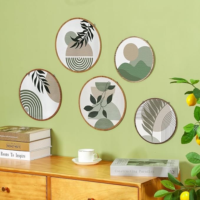 Qunclay 5 Pcs Wall Art Decor Wooden Living Room Wall Decor Bohemian Hanging Farmhouse Geometric 10'' and 8'' Aesthetic Wood Minimalist Posters for Bedroom(Greenery)-Ruum Studio Home