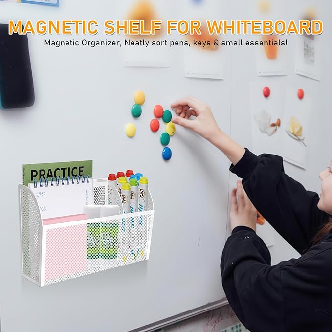 Magnetic Pencil Holder Magnetic Shelf for the Whiteboard 3-Grid Mesh Magnetic Pen Holder for Refrigerator Magnetic Organizer Locker Accessories Organizer for Office (White)-Ruum Studio Home