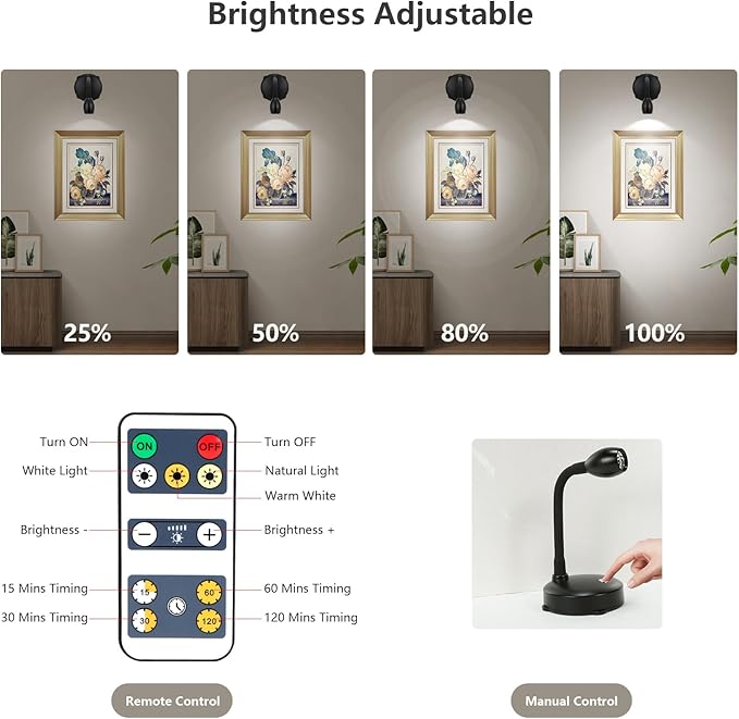 Cordless Spotlight Battery Operated, LED Picture Light, Dimmable Accent Light with Remote, Indoor Stick on Display Lamp for Plant Tree Photo Dartboard Painting Artwork Portrait-Ruum Studio Home