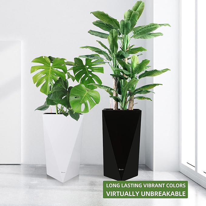 Dexceder 24 Inches Tall Self Watering Planter Diamond High Gloss Indoor Outdoor, Thickened Rhombus Large Floor Standing Flower Plant Pot with Water Level Indicator (Black)-Ruum Studio Home