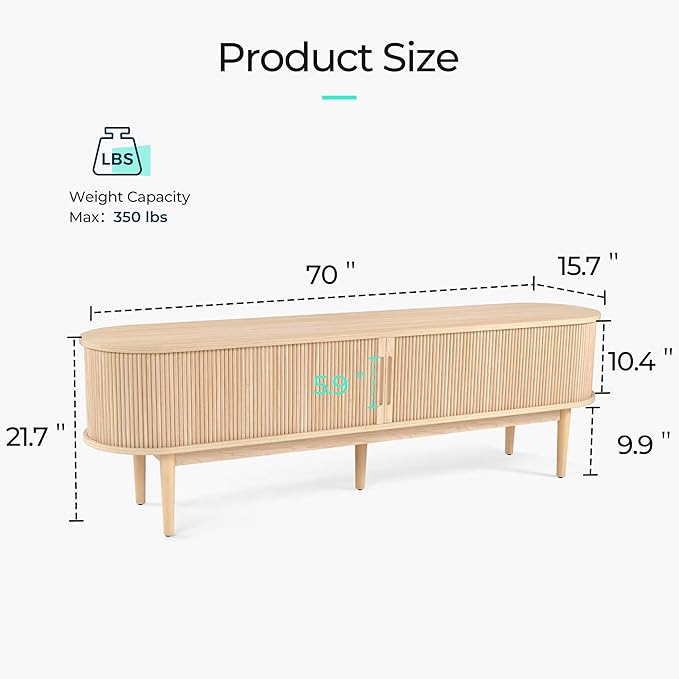 LINSY HOME Fluted TV Stand for 75" TV, Mid-Century Modern 70" Entertainment Center with Sliding Tambour Door and Storage Cabinet, Cruved TV Media Console Table for Living Room, Bedroom, Oak-Ruum Studio Home