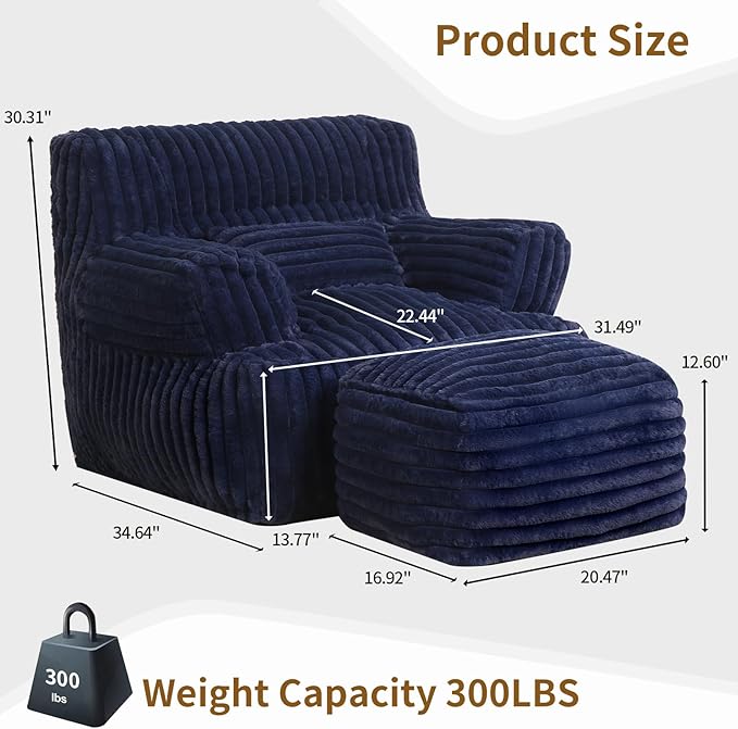 Comfy Gaint Bean Bag Chair with Ottoman, Fluffy Huge Bean Bag Armchair for Adults and Teens, Dark Blue-Ruum Studio Home
