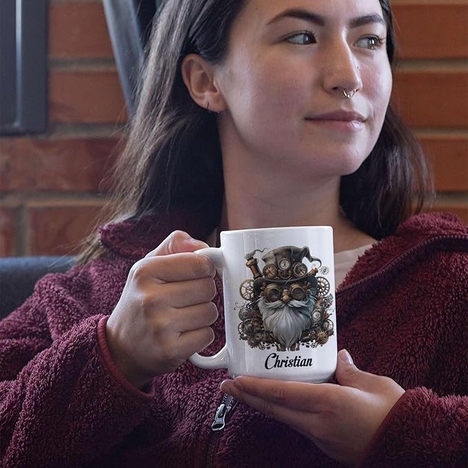 Custom Mechanical Art Mug 15oz, Personalized Steampunk Gnome Coffee Mug, Customized Name Ceramic Cup, Fantasy Enthusiasts Mug, Gnome White Mug With Steampunk Themed, Gift For Men-Ruum Studio Home