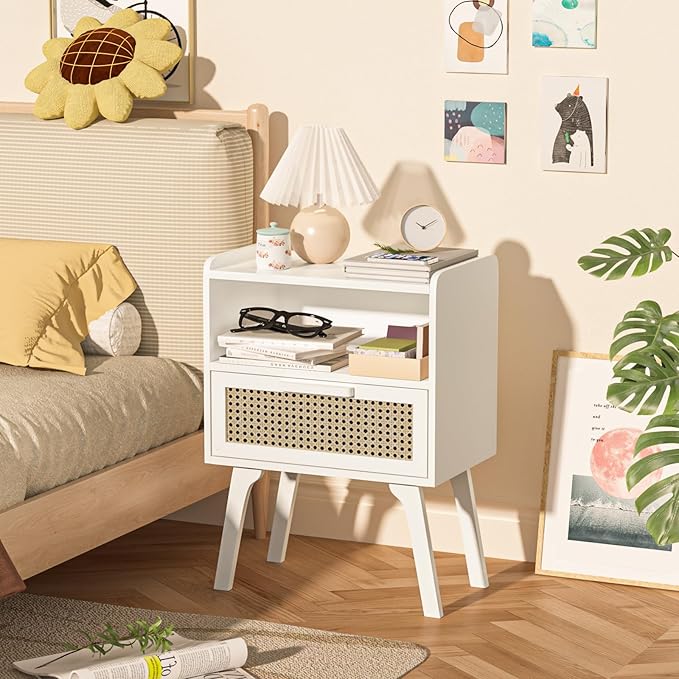 Lerliuo Rattan Nightstands Set of 2, Bedside Table with Drawer Open Shelf, Cane Accent Side End Table with Solid Wood Legs, White Mid Century Night Stand for Bedroom, Dorm and Small Spaces-Ruum Studio Home
