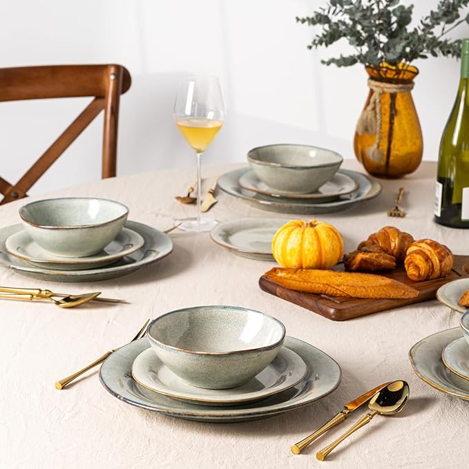 AmorArc Ceramic Dinnerware Sets, Handmade Stoneware Reactive Glaze Plates and Bowls Set, Scratch Resistant | Dishwasher & Microwave Safe Dishes Set, Service for 4 (12pc)-Ruum Studio Home