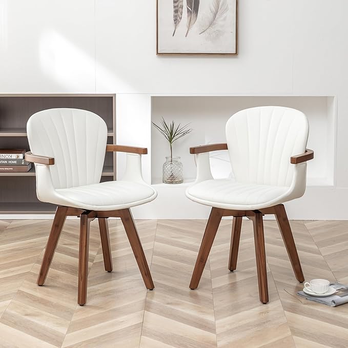 LUNLING Swivel Dining Chairs, Mid Century Modern White Faux Leather Kitchen Chairs with Arms,Bamboo Legs Side Chairs No Wheels,Accent Chair for Dining Rooms and Offices,1PCS-Ruum Studio Home