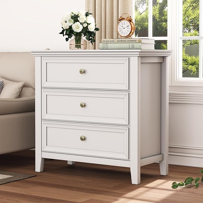 BLANKSPACE White Dresser, 3 Chest Drawer Dresser for Bedroom, Large Capacity Nightstand, Modern Wood Cabinet for Bedroom, Living Room, Closets-Ruum Studio Home
