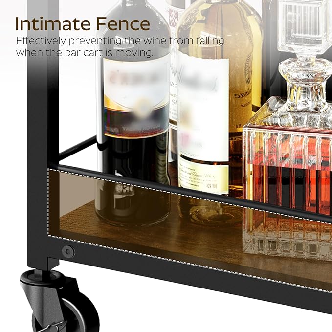 Bar Cart, 3-Tier Bar Cart for The Home, Home Bar Serving Cart with Glass Holders, Beverage Cart for Kitchen, Dining, Party Room, Rustic Brown and Black BC03BR-Ruum Studio Home