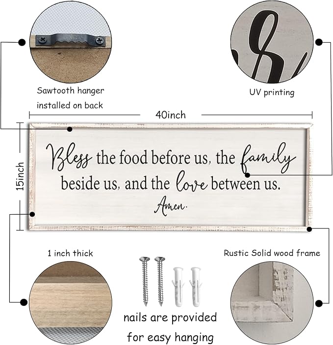 Bless the Food Before Us Sign Wall Decor 40"X15" Large Farmhouse Dining Room Wall Decor Framed Wood Rustic Home Wall Art Kitchen Decoration (White)-Ruum Studio Home