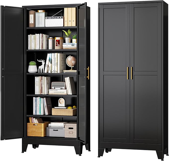 Black Metal Storage Cabinet,75" Steel Cabinets for Home Office, Kitchen Pantry Storage Cabinet with Doors and 5 Adjustable Shelves, Tool Cabinets, for Office, Home, Garage, School-Ruum Studio Home